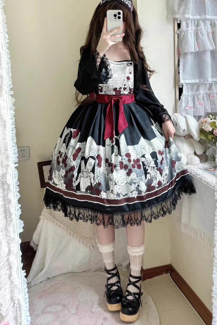 Black Print Bow Lace Gothic Lolita Dress - Two Versions
