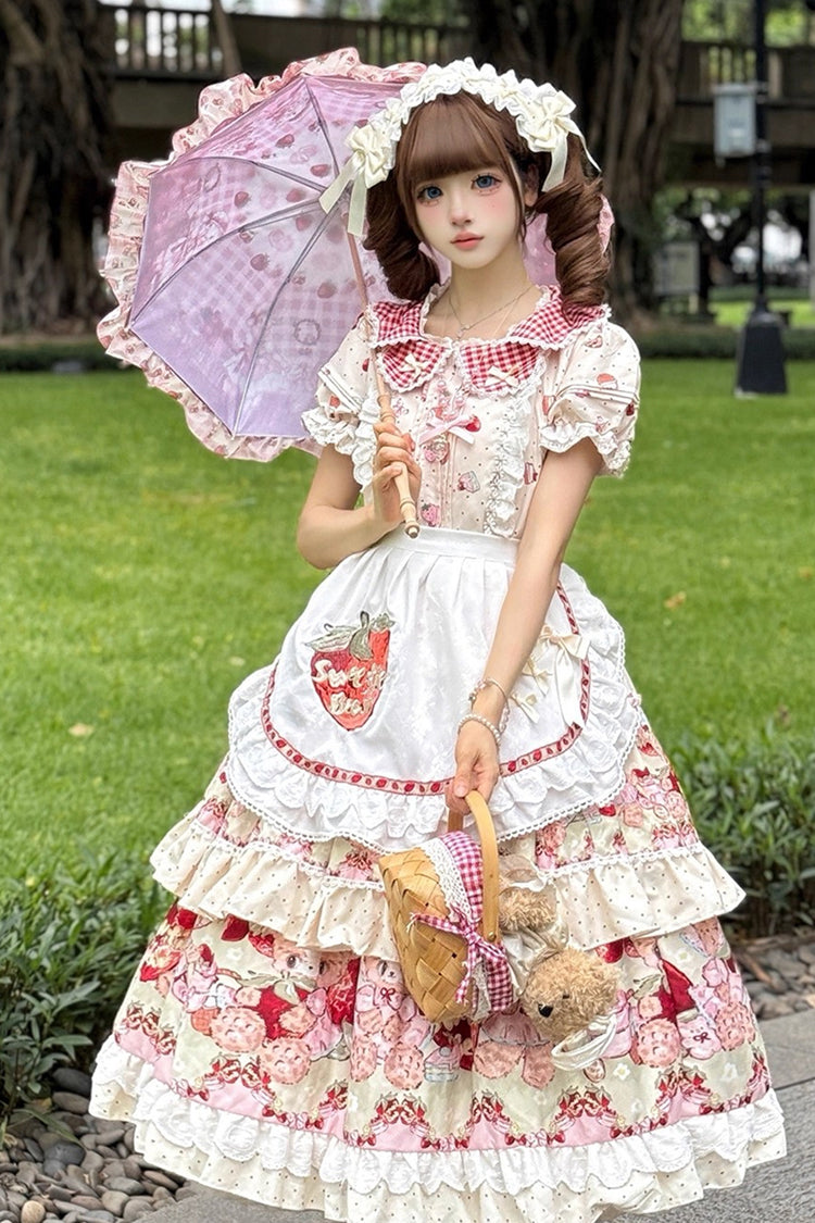 Cream Bear Strawberry Ode Print Short Sleeve Double-Layer Frilled Bow Princess Sweet Lolita JSK Dress