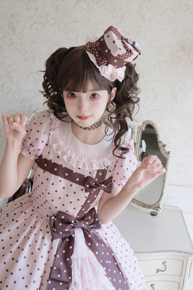 Canelé Gift Box Round Collar Short Sleeves Double-Layered Printed Polka Dot Ruffled Open-Front Bow Asymmetric Sweet Lolita Dress - Pink