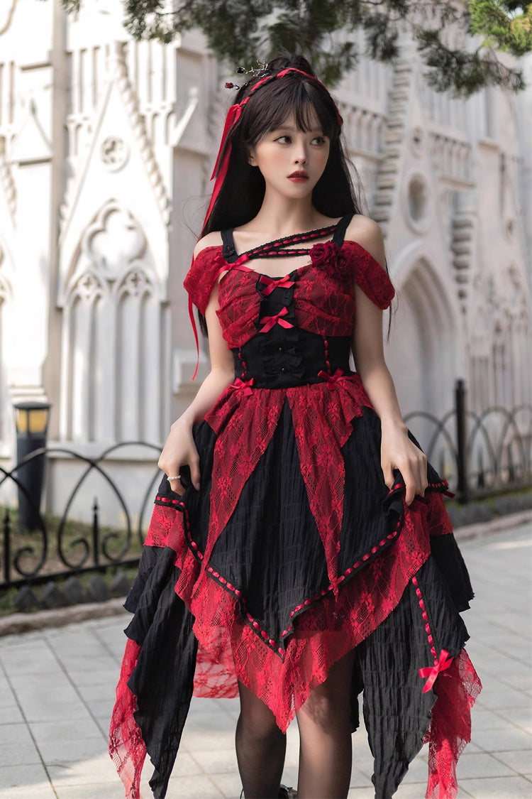 Red and Black Sleeveless High-Waist Print Asymmetric Gothic Lolita JSK