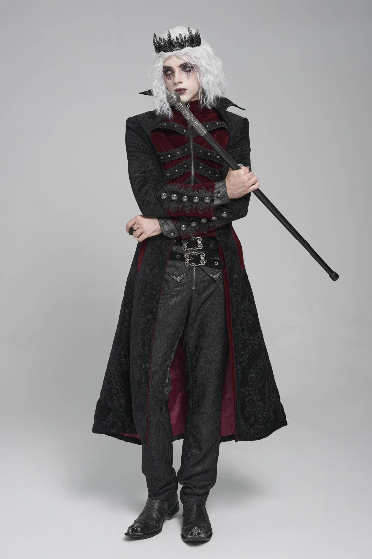 Noir & Red Crystal-Trimmed Printed Zip Gothic Overcoat