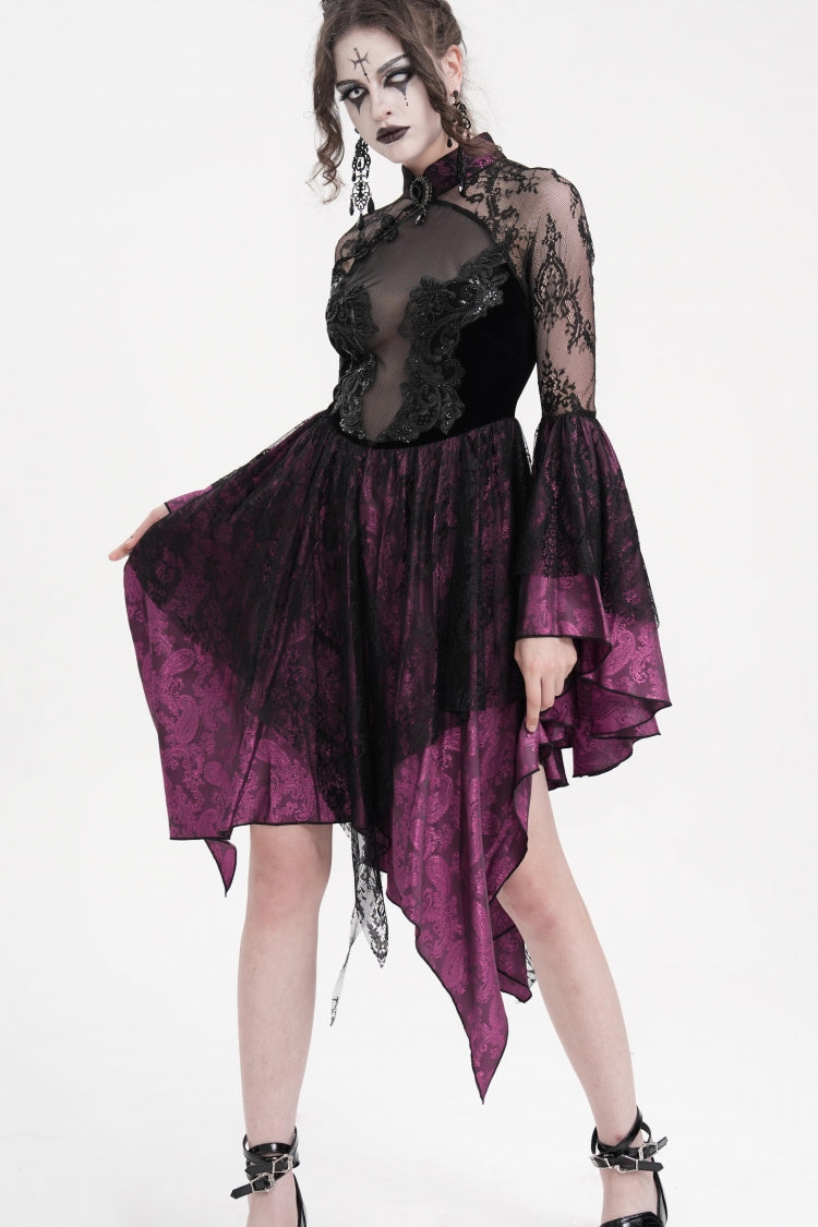 Black Purple Long Sleeves Embroidery Lace Up Irregular Mesh Gothic Dress