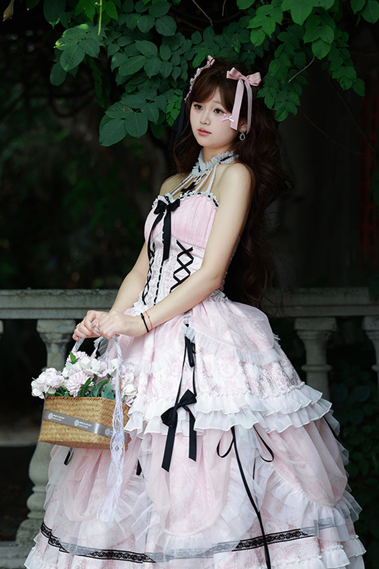 Pink Cross Halterneck Lace-Up Sweet Lolita Dress - Princess Ruffled Bowknot