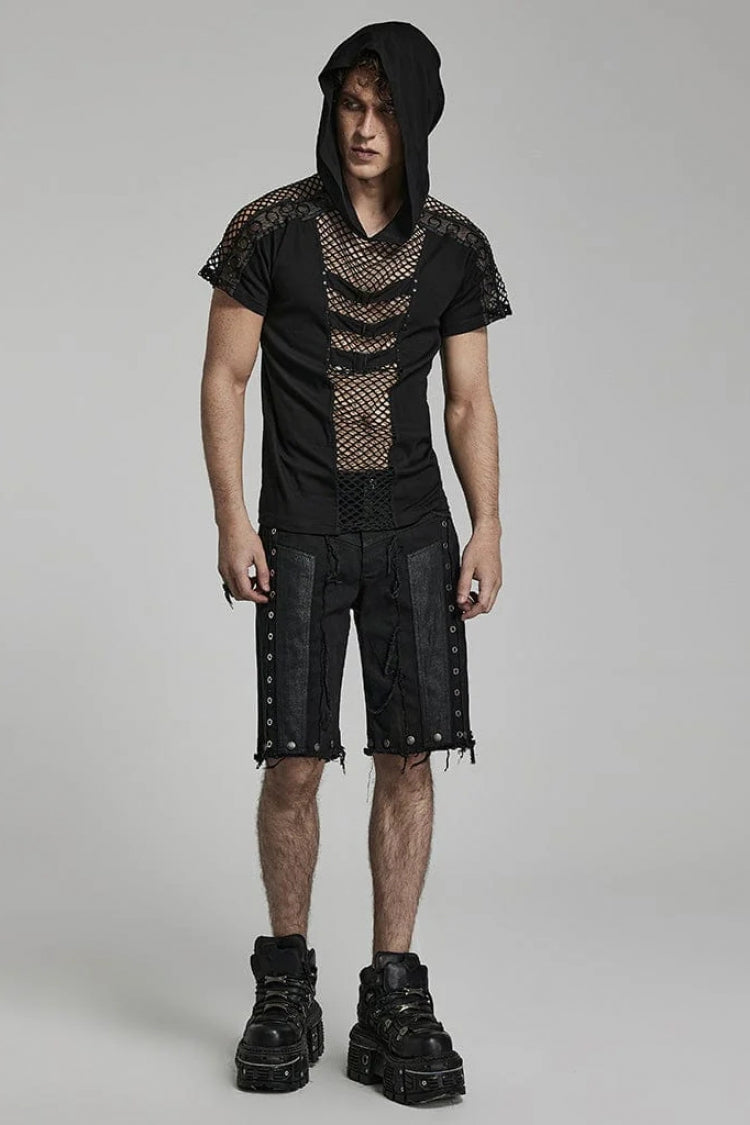 Hooded Steampunk Mesh Shirt with Stitching for Men