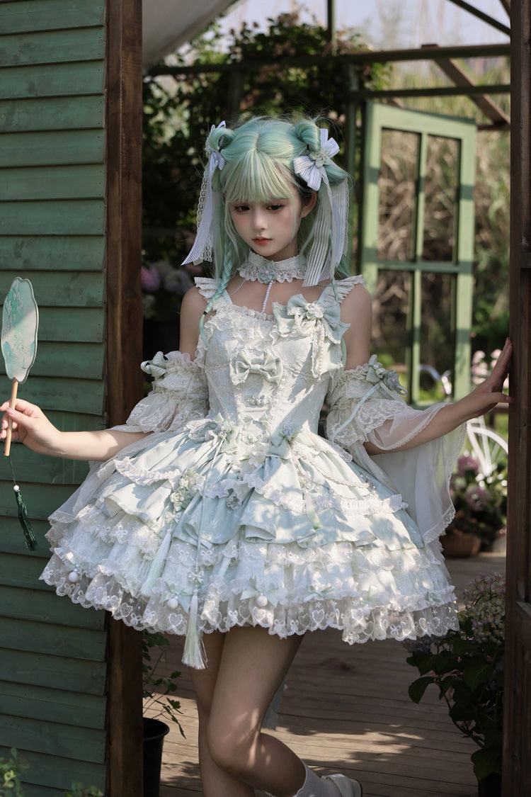 Jacquard Square Collar Sleeveless Layered Cherry Lace Pearl Bow Lolita JSK
