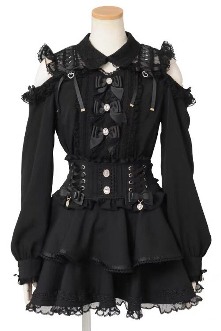 Lapel Off-Shoulder Bow Blouse - Spliced Lace