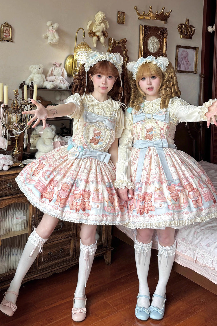 Bear Anniversary Celebration Sleeveless Printed Ruffled Bow Sweet Lolita Jumper Dress Two Colors