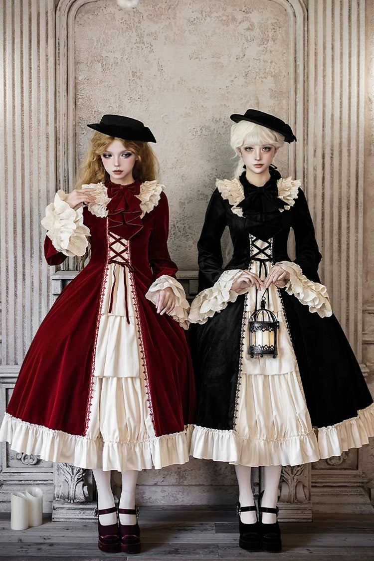 Gothic Lolita Dress with Ruffled Open-Front Bow and Lace-Up - Red