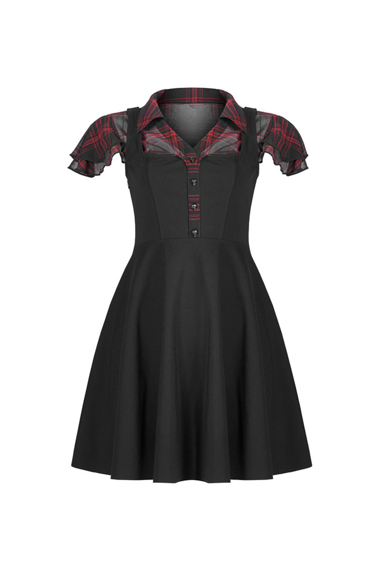 V-Neck Ruffled Short-Sleeved Check Chiffon Waisted Skull Stud Punk Dress - Black/Red