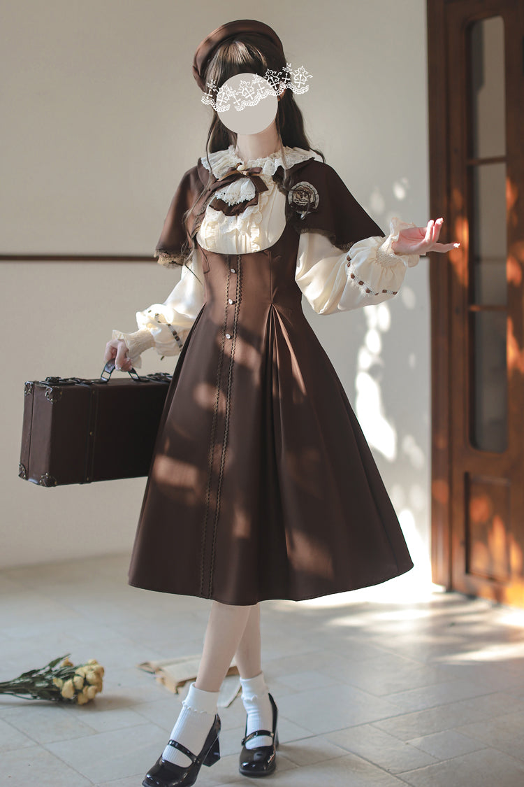 Fake Two Piece Vintage Ruffle Bowknot Lolita Dress Brown White