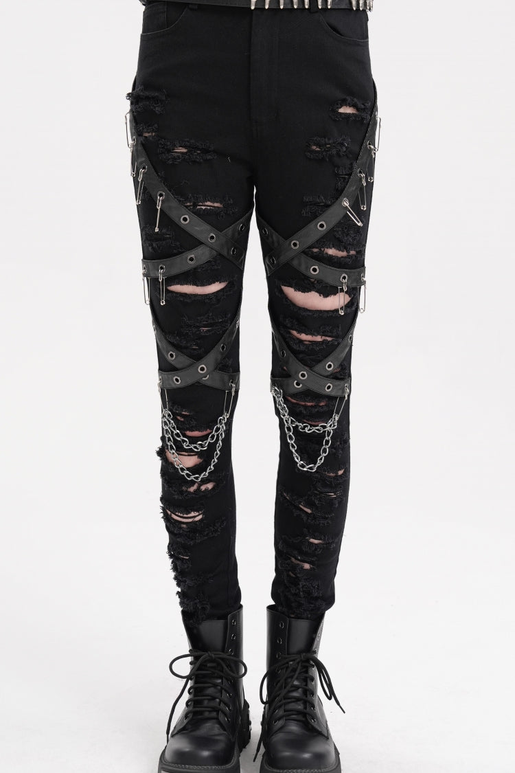 Punk Pants for Women with Ripped Mesh and Chain Detail