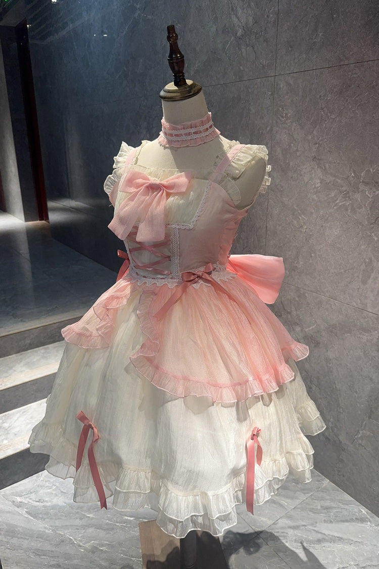 Ivory and Pink Sakura Bow Sleeveless Double-Layer Ruffled Bow Sweet Princess Lolita JSK