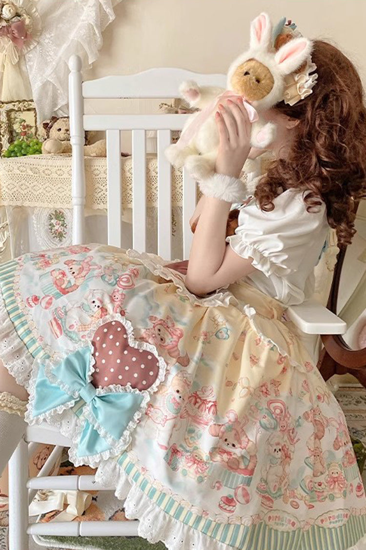 Multi Print Ruffle Bow Vintage Lolita Strap Dress