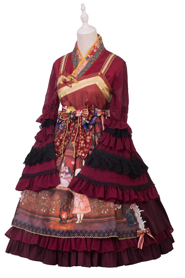 Multi-Color Nightmare Print Japanese Bow Ruffle Jsk Dress