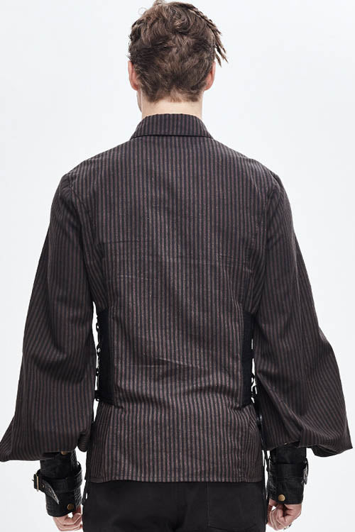 Cocoa Pinstripe Punk Waistcoat with Cinched Leather Accents