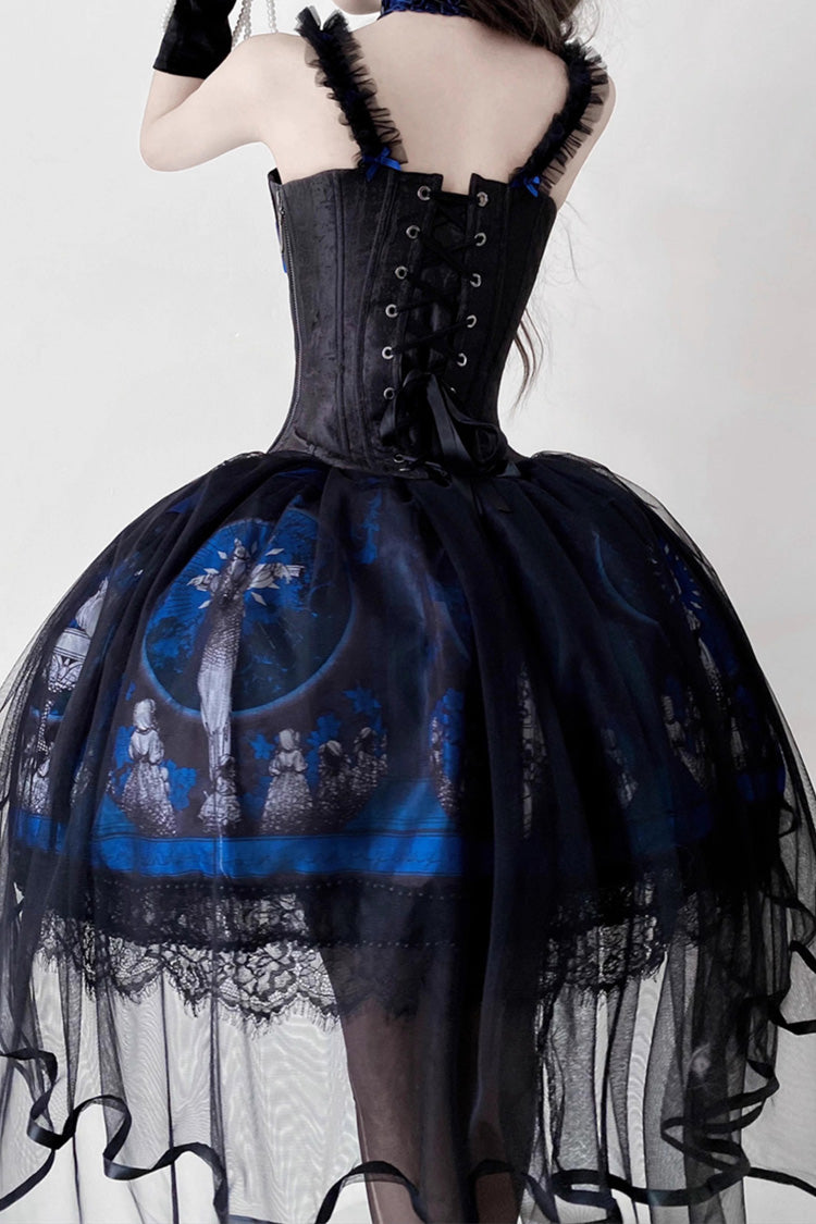 Blue Dark Moon Corridor Print Embroidery Gothic Lolita Dress Skirt