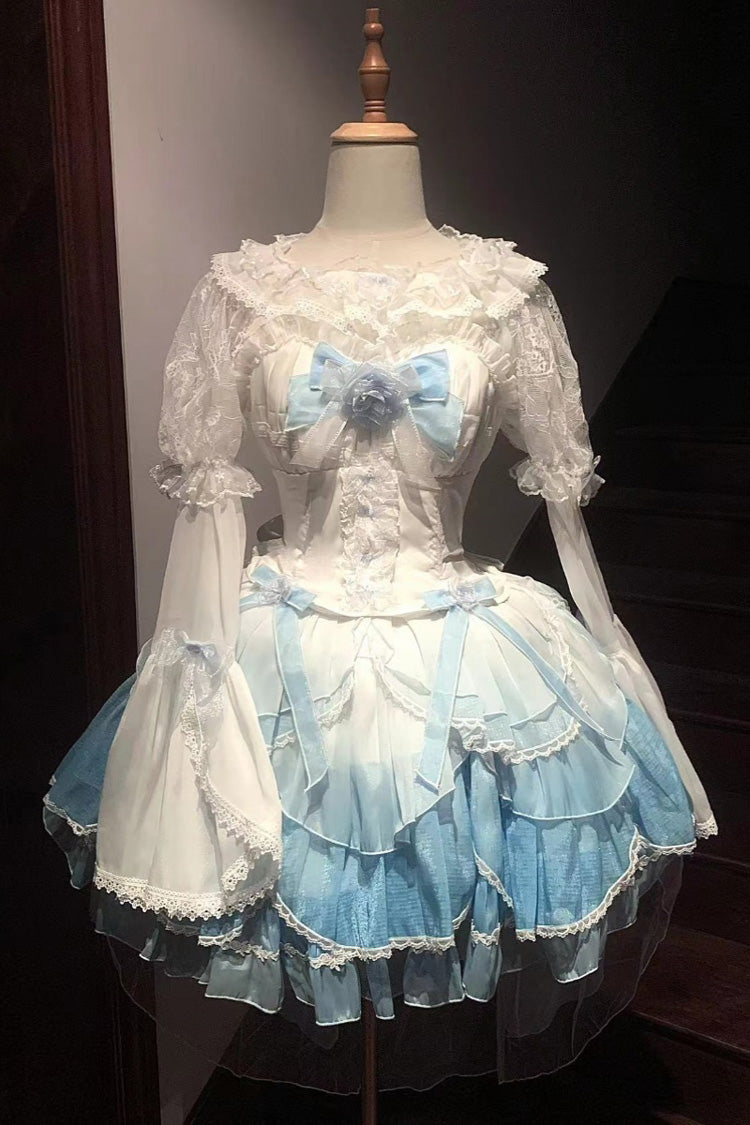 White Blue Gradient Lace Sweet Lolita Jumper Dress with Bow