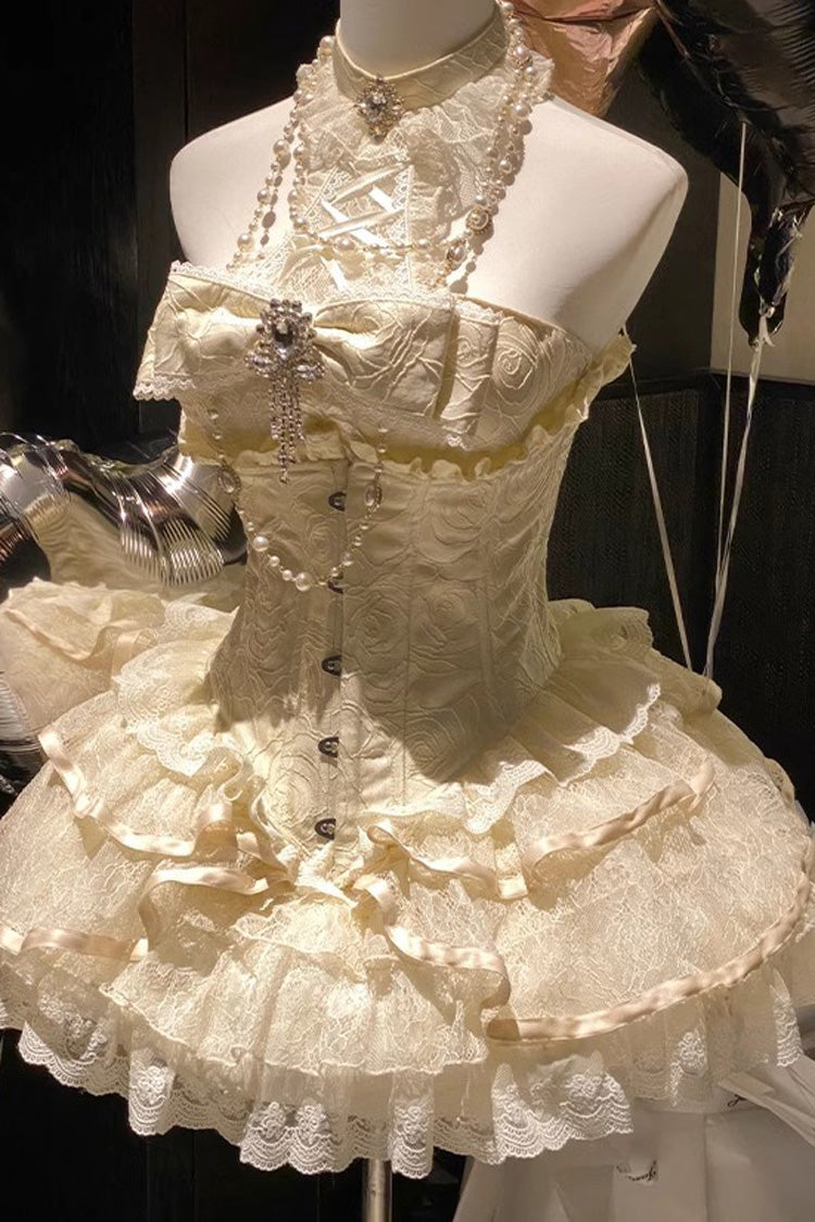 Ivory Halter Ruffled Bow Lace Princess Lolita Gown