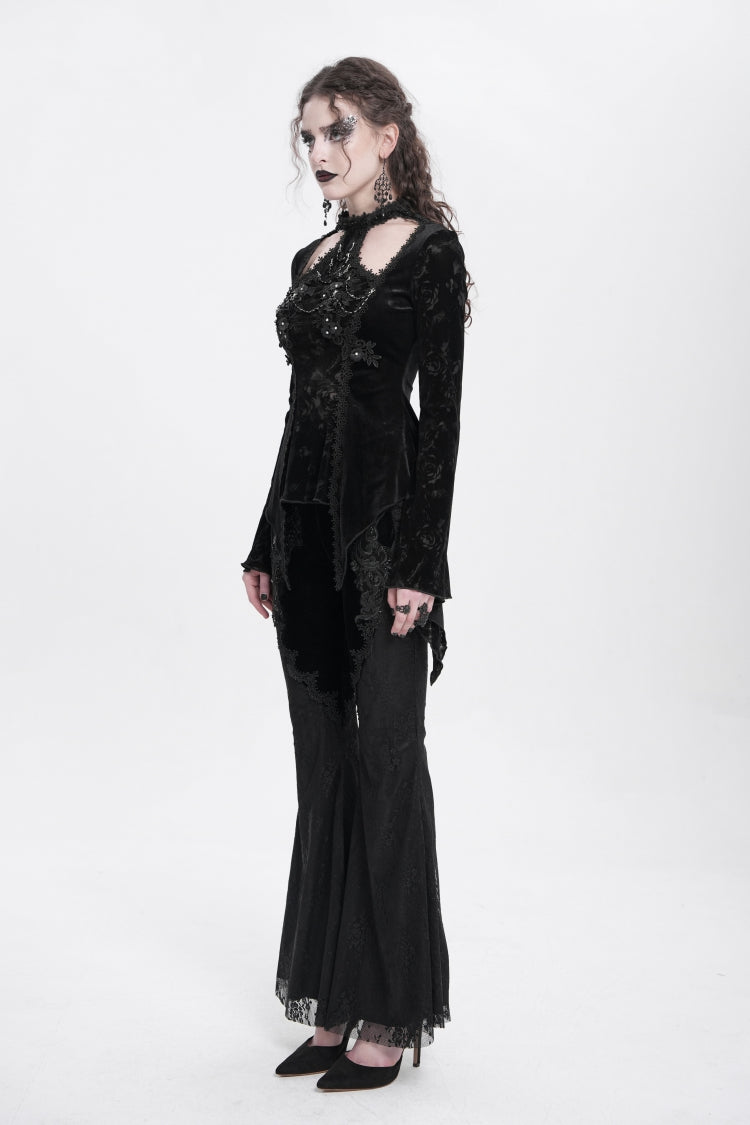 Graceful Black Jacquard Embroidered Trumpet Sleeve Halter Gothic Blouse