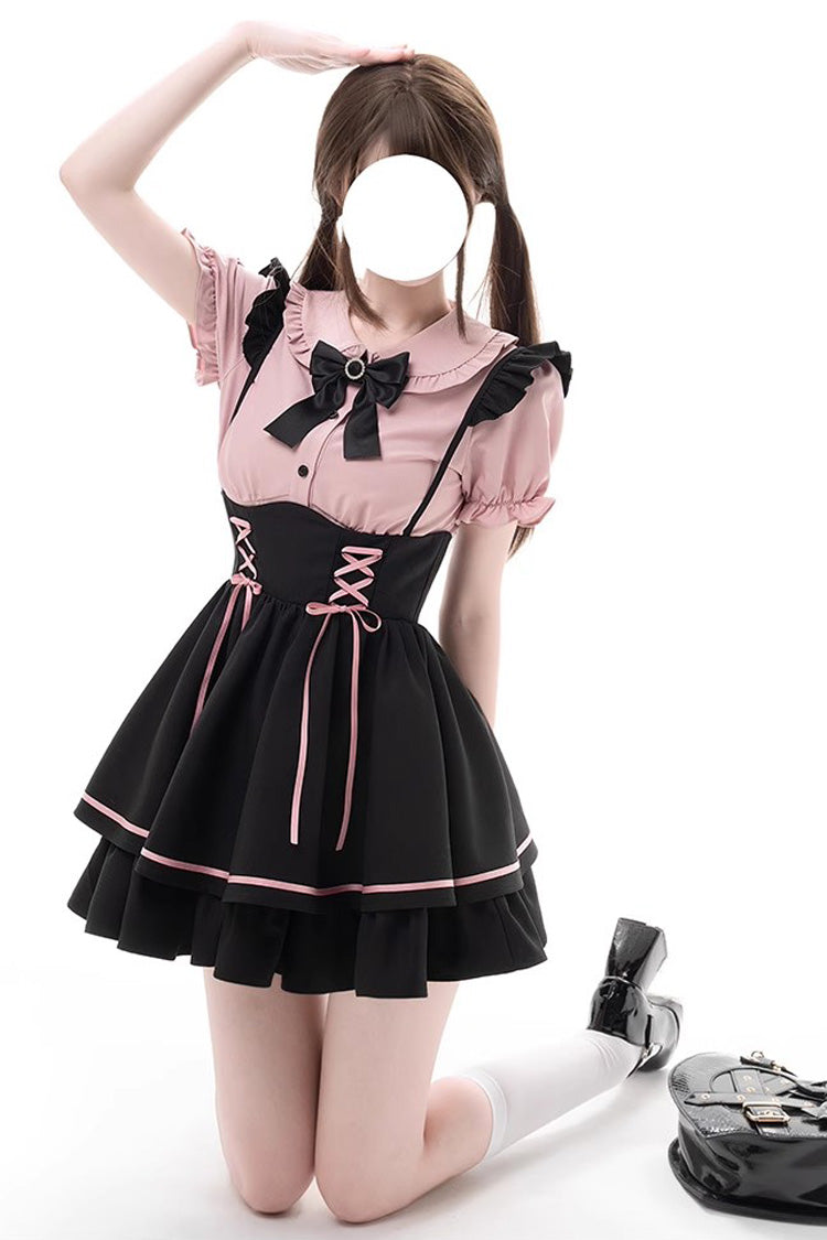 First Sakura Short Sleeves Multi-layer Lace-Up Sweet Jirai Kei Japanese Set - Black/Pink
