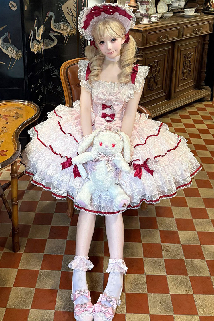Pink Moon-Tide Butterfly’s Call Sleeveless Multi-Tiered Ruffle Bow Lace Sweet Lolita Jumper Dress