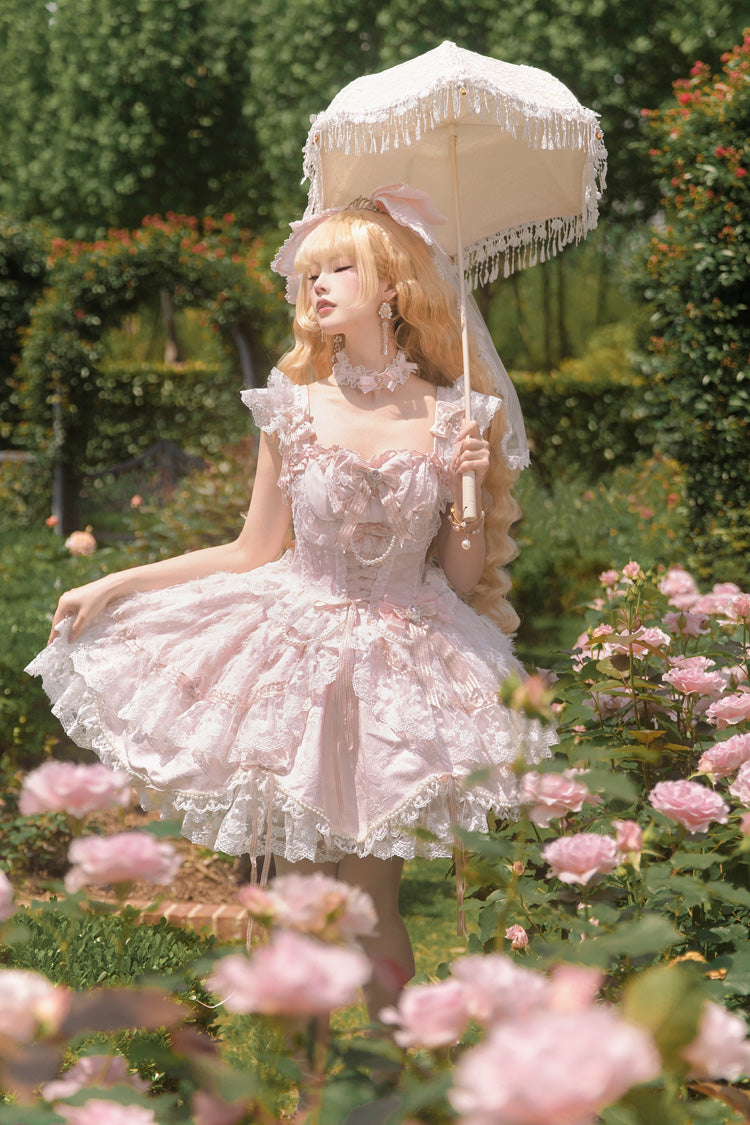 Anna's Ball Square Collar Ruffled Hanayome Bow Lace Ballet JSK - Pink