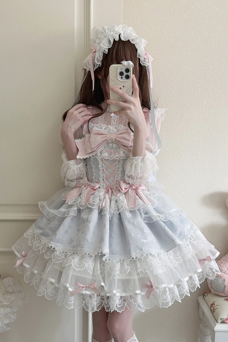 Blue Ballet Lace Ruffle Sleeveless Bowknot Sweet Jsk Dress - Fleishi Island
