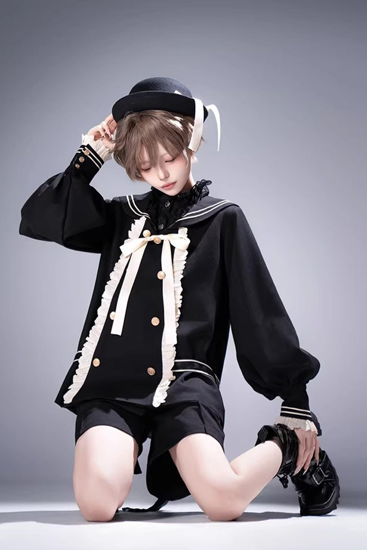 Navy-Collar Long-Sleeve Prince Ouji Short Coat Set in Black