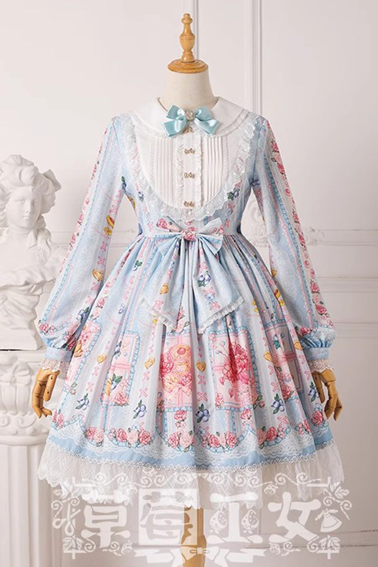 Blueberry Print Long Sleeves Ribbon Girly Princess Lolita Dress - 4 Shades