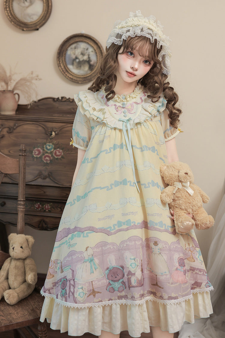 Brown Dollhouse Short Sleeves Bear Printed Ruffled Bow Sweet Lolita Dress Set - Yellow