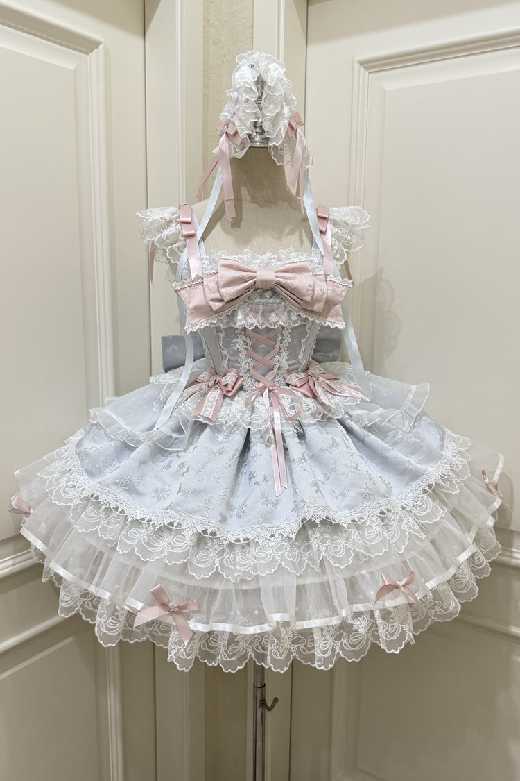 Blue Ballet Lace Ruffle Sleeveless Bowknot Sweet Jsk Dress - Fleishi Island