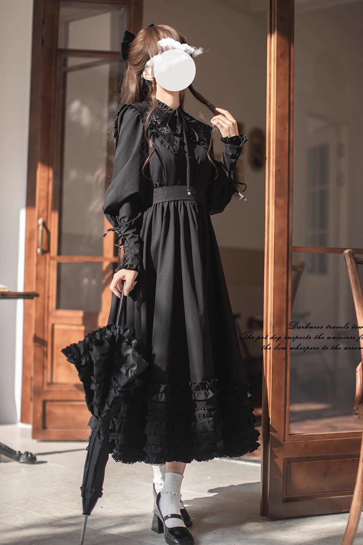 Black Long Sleeve Embroidered Bow Gothic Vintage Dress - Wind Kissed Tulips