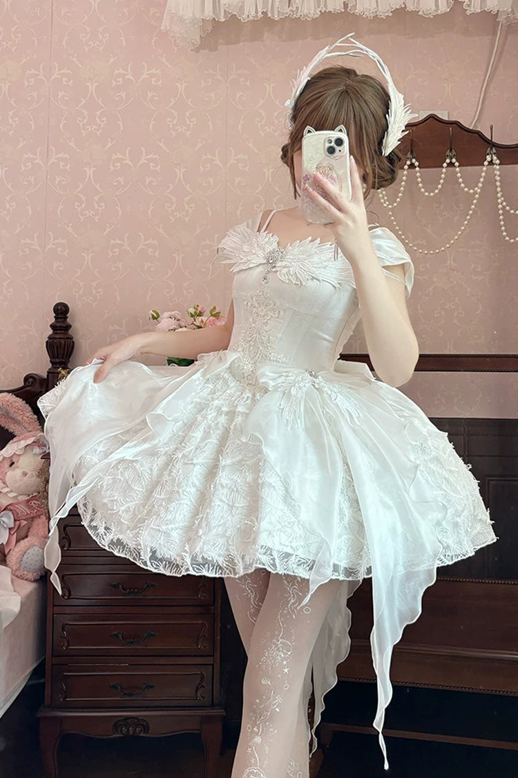 Ivory Square Collar Flutter Sleeve Embroidered Bow Lace JSK
