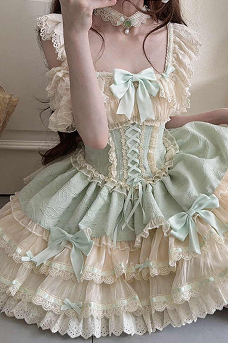 Double-Layered Ruffle Lace Bowknot Sweet Ballet Green Jsk Dress - Flory Butterfly