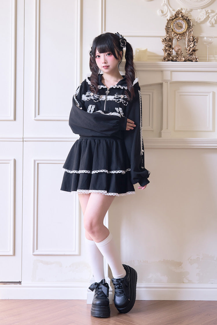 Hooded Bow Lace Hoodie & Skirt - Jirai Kei Set