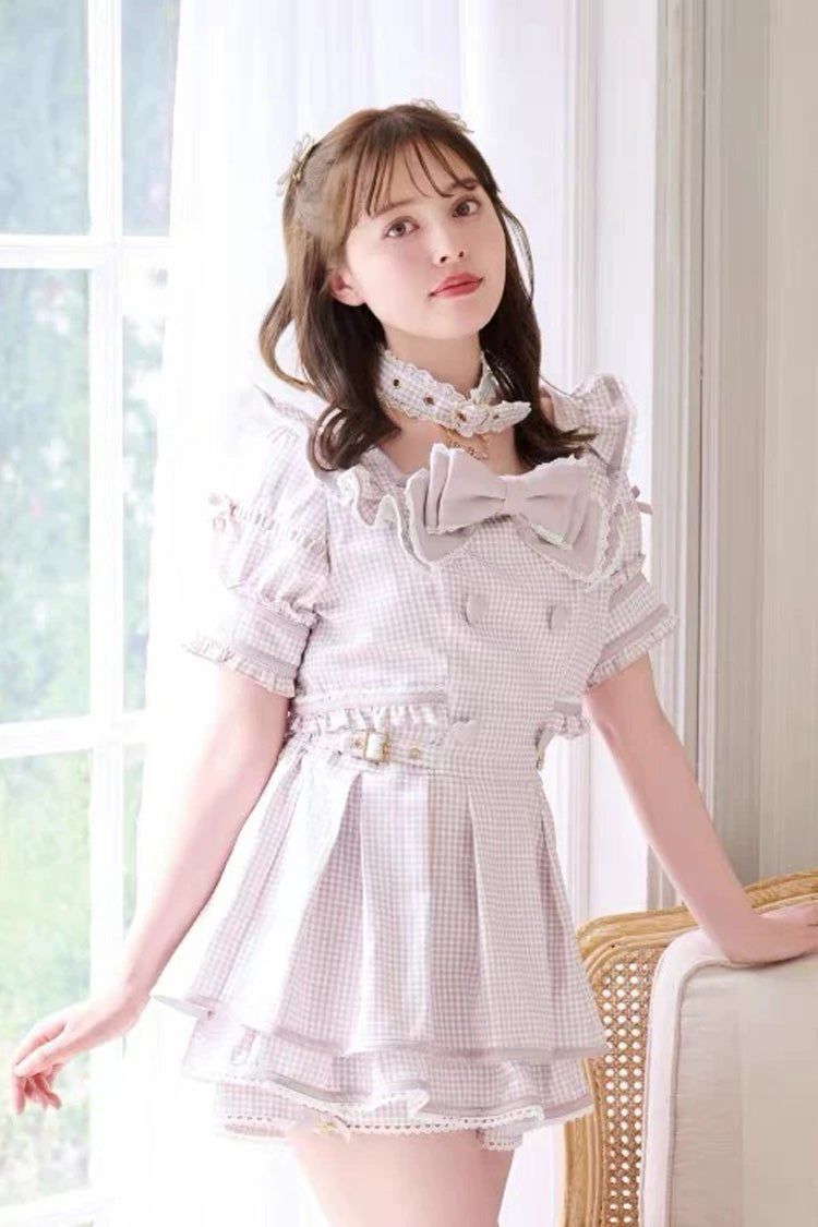 Cute Bow Print Square Neck Short Sleeve Plus Size Jirai Dress with Matching Shorts