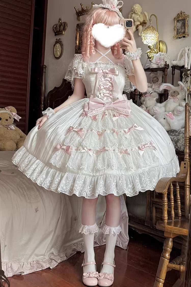Ivory and Pink Snow of Love Ruffled Hanayome Open-Front Bow Lace Sweet Princess Lolita Dress