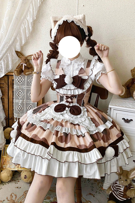 Brown Calico Cat Sleeveless Triple-Tiered Printed Ruffled Bow Plush Sweet Lolita Jumper Dress