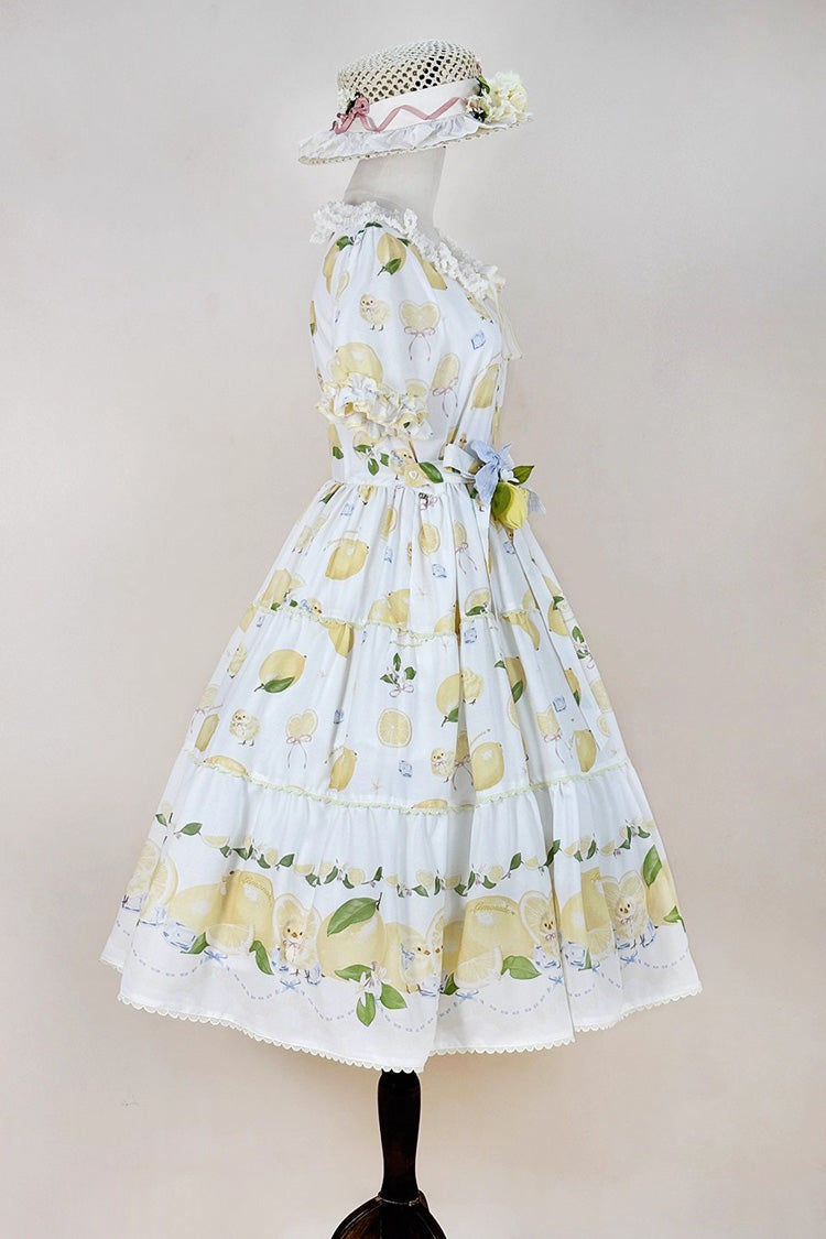 Ivory Casual Print Ruffle Bow Lace Sweet Dress