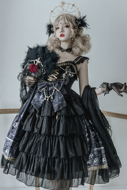 Gothic Lolita JSK Dress with Dragon Rider Print, Ruffles & Lace Bowknot