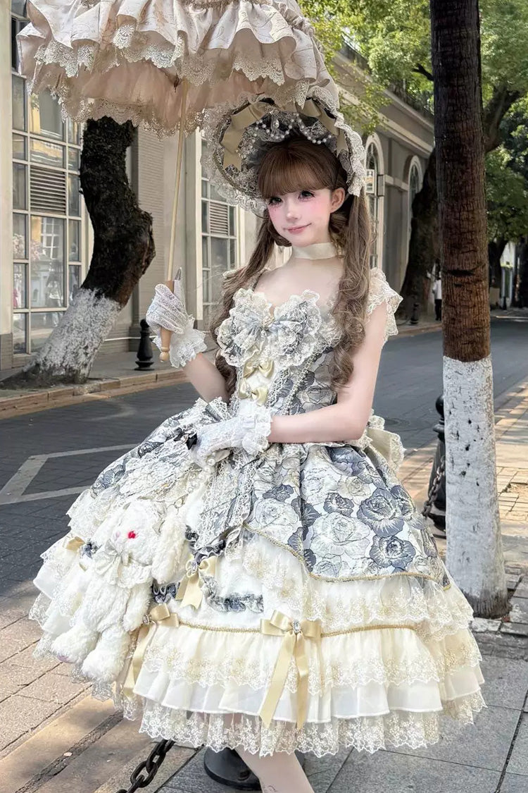 Elegant Square Neck Sleeveless Embroidered Lace Sweet JSK Dress - Gilded Waltz