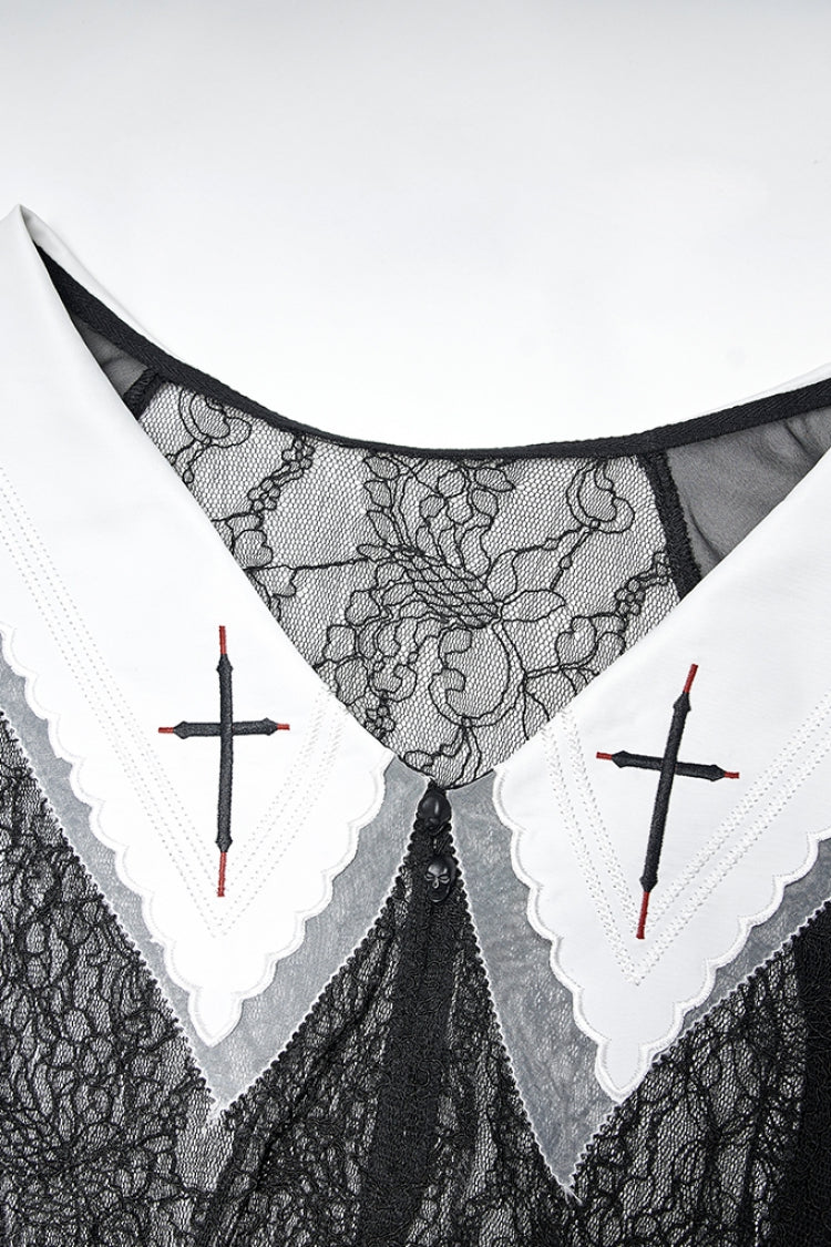 Jet-Black Loose Gothic Dress with Cross Embroidery and Puffed Sleeves