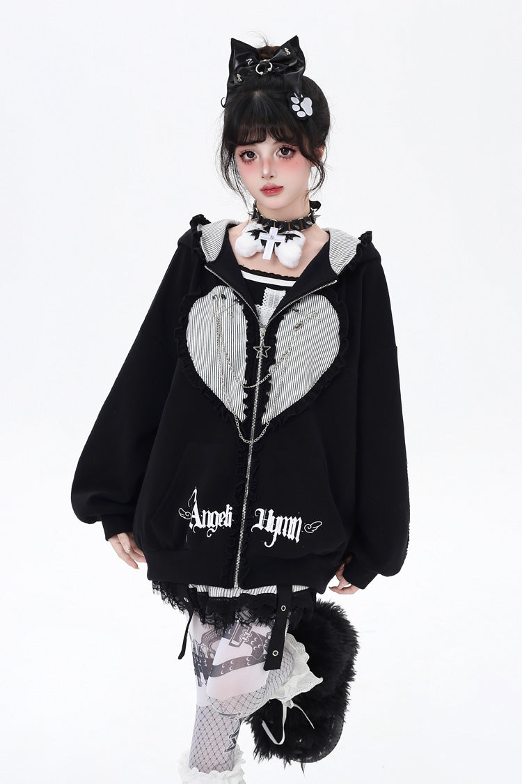 Heart Print Hooded Zipper Coat with Bunny Ears - Striped Bunny Ears