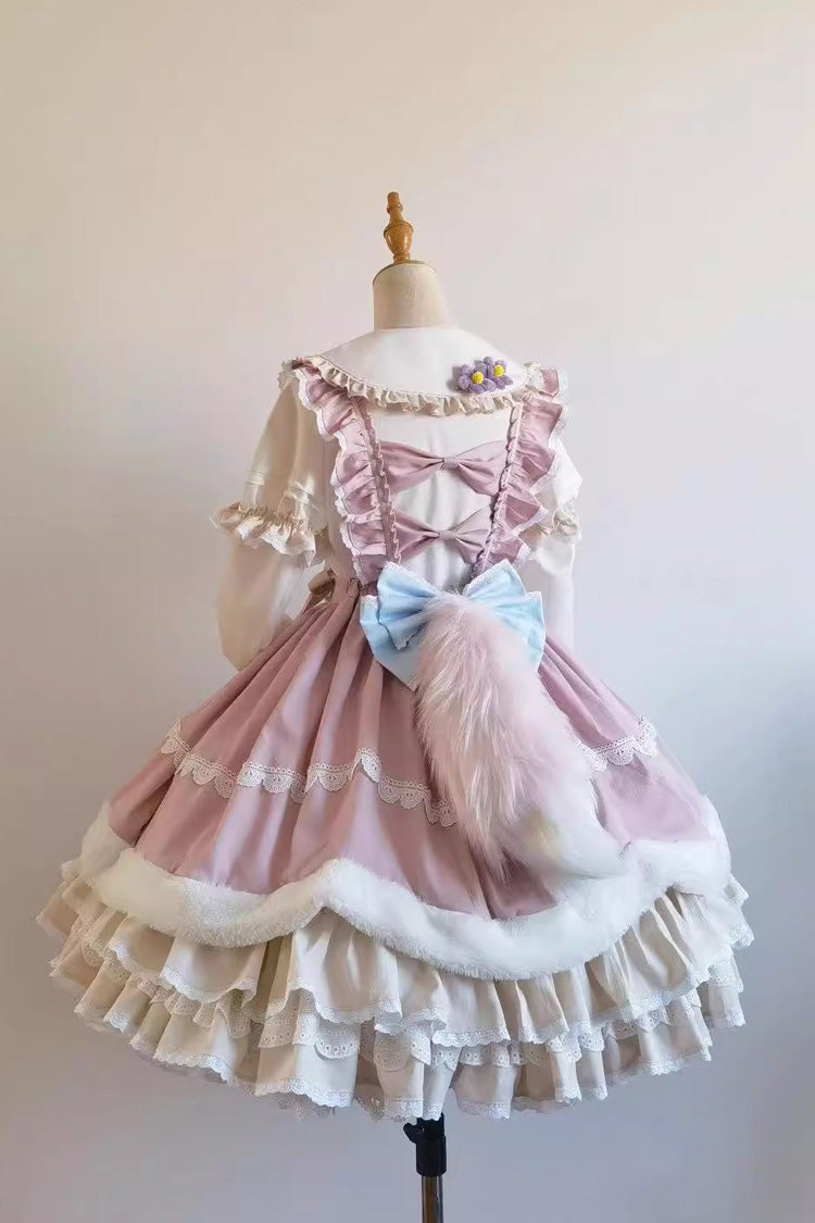 Pale Pink & White Little Fox Multi-Layer Ruffled Bow Long-Sleeve Sweet Lolita Dress