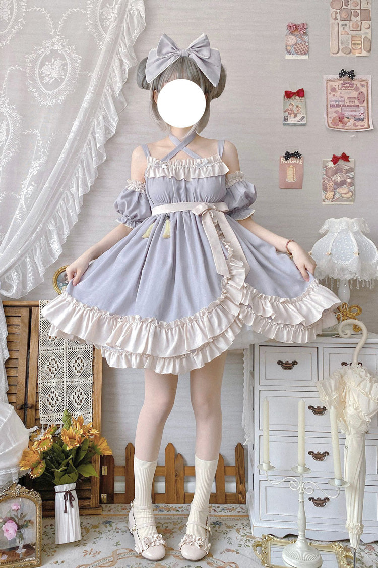 Sleeveless High Waist Ruffle Bow Asymmetric Sweet Lolita Jumper Dress - Grey