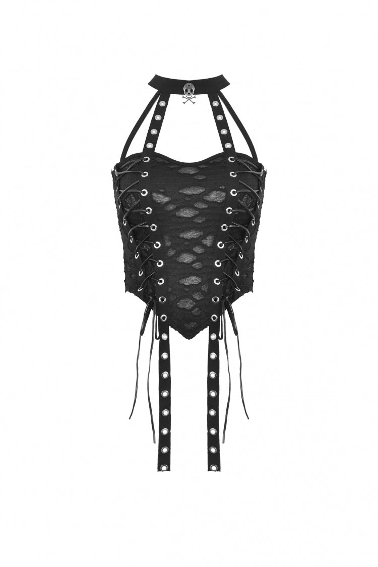 Gritty Black Eyelet Lace-Up Ripped Halter Punk Tank Top