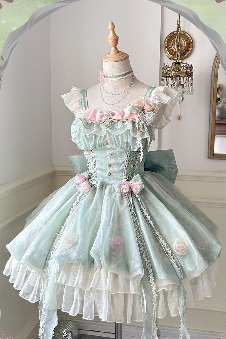 Emerald Flower Fairy Forest Garden Print Frill Bow Lace Gown