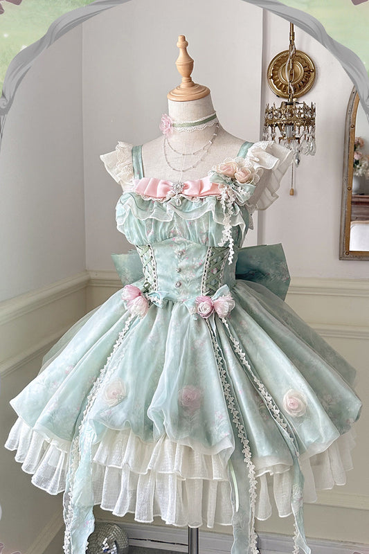Emerald Flower Fairy Forest Garden Print Frill Bow Lace Gown