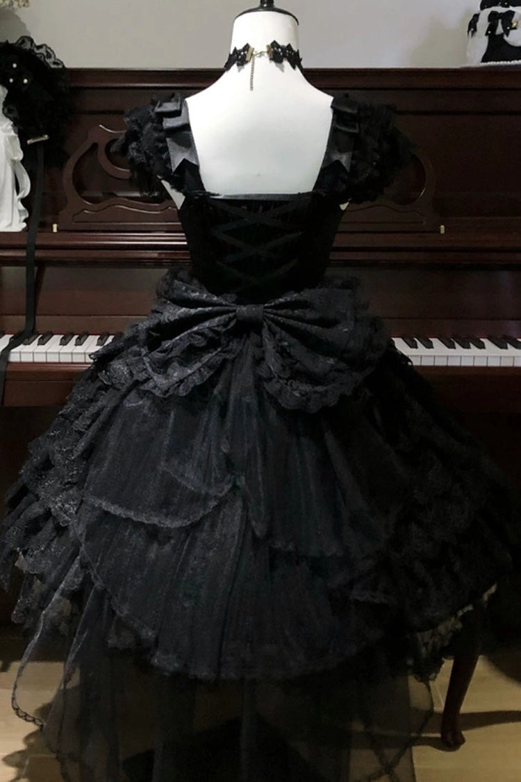 Black Square Neck Sleeveless Multi-Layered Bow Lace Pearl Gothic JSK - Featherlight Slumber