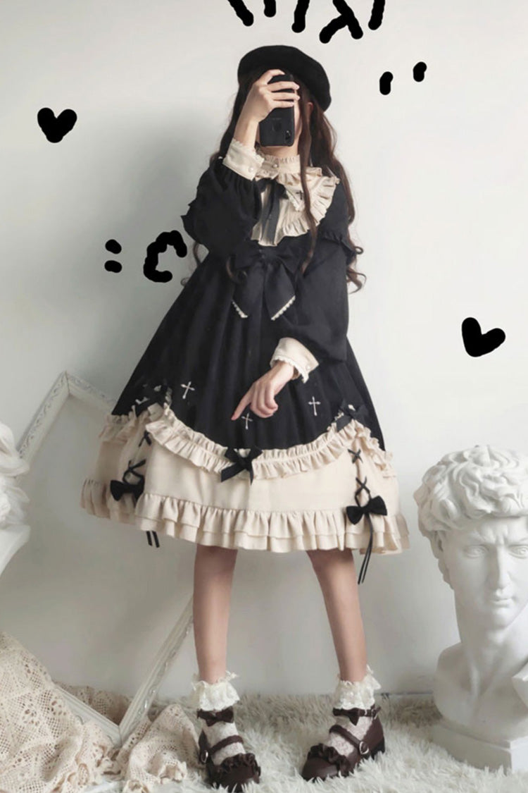 Jet Crewneck Chest Bow Cross Print Ruffled Sweet Lolita OP Dress Plus Size